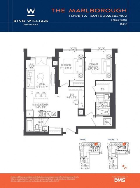 Floor plan for 2 beds, 2 baths, 910 sqft